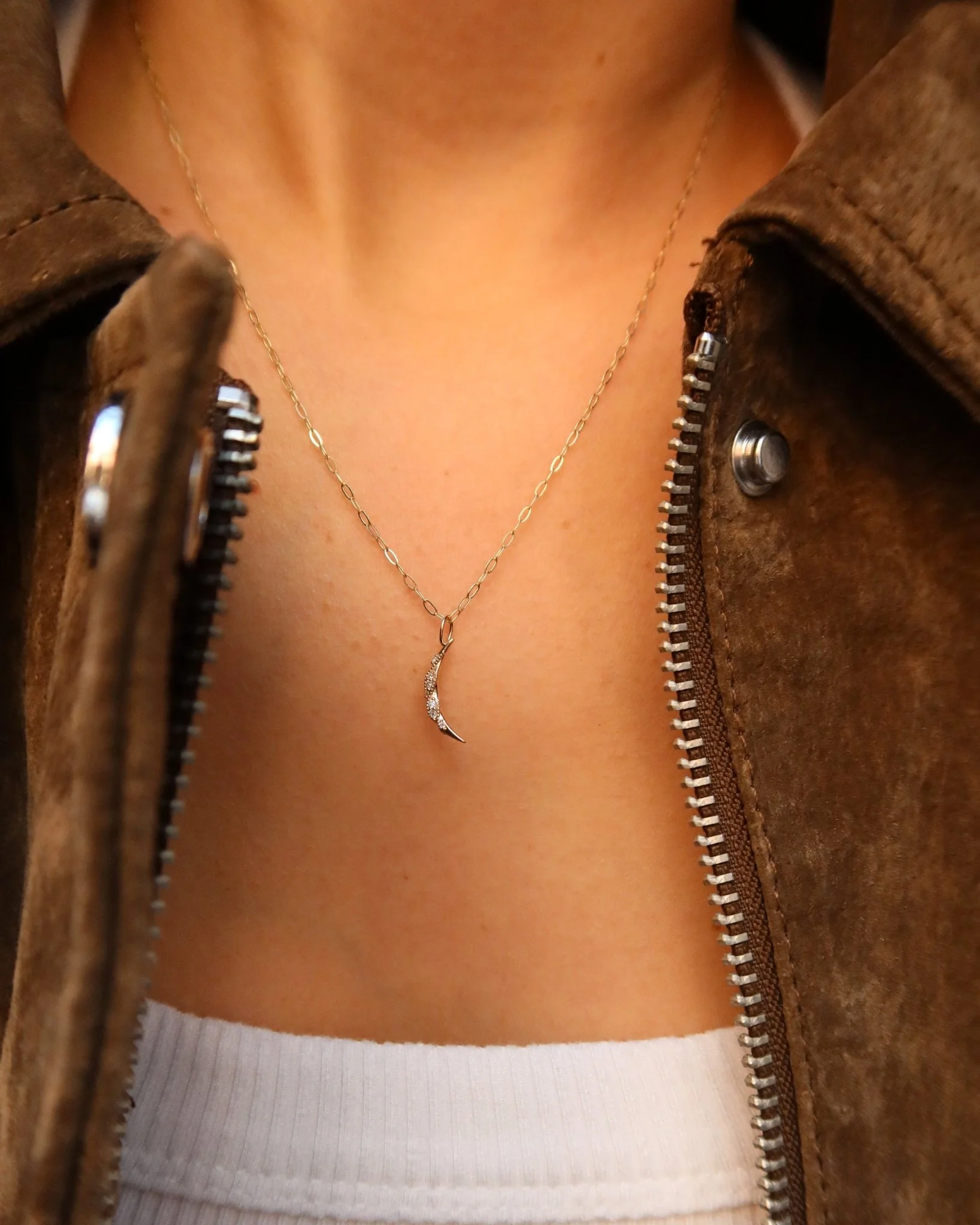 SHOREDITCH DIAMOND MOON CHARM ON 14K PAPERCLIP CHAIN - Image 2
